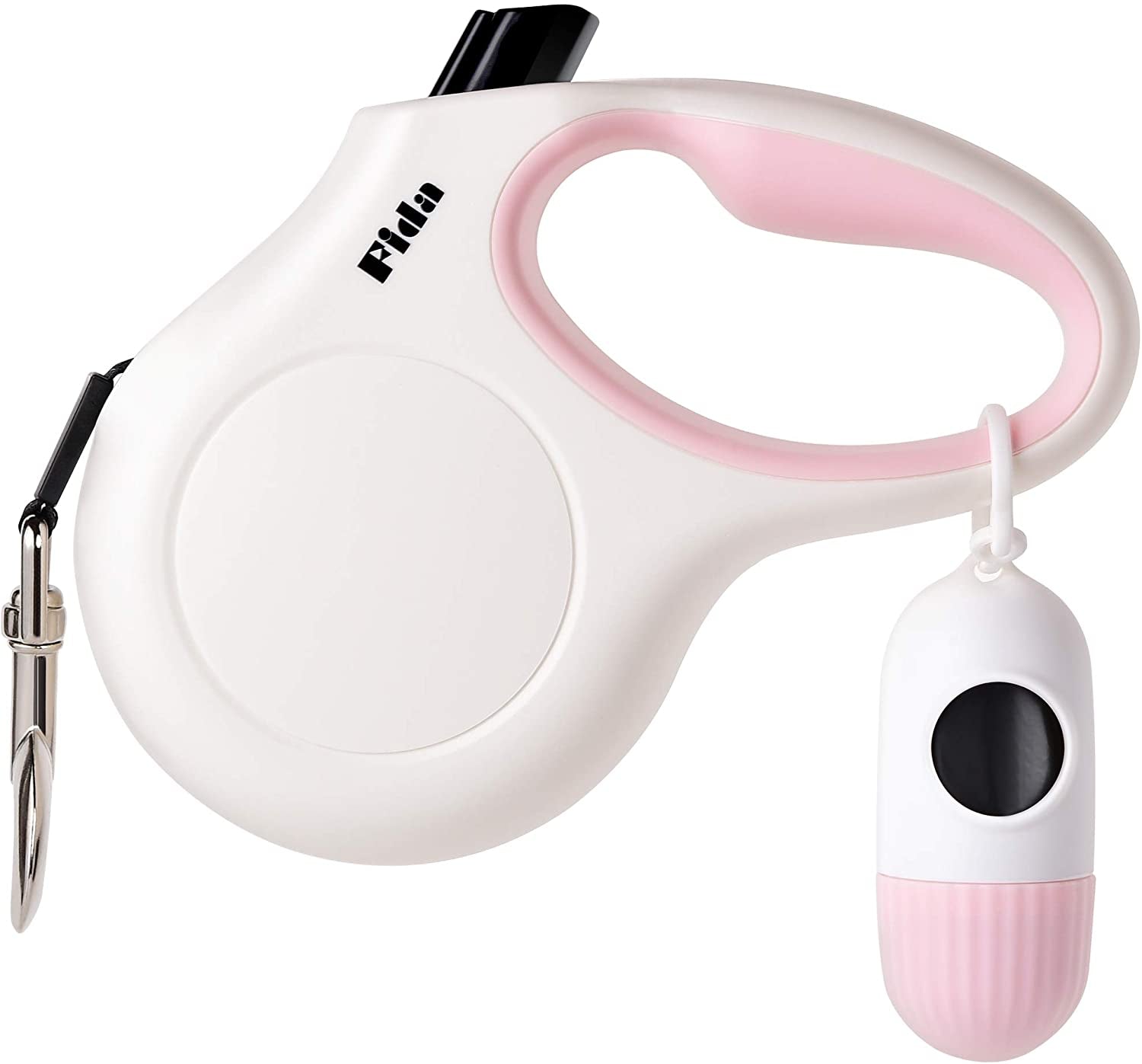 fida-retractable-dog-leash-for-small-breed-up-to-26-lbs-16-ft-pet-walking-leash-with-dispenser-and-poop-bags-anti-slip-handle-reflective-strong-nylon-tape-one-handed-brake-s-white-pink