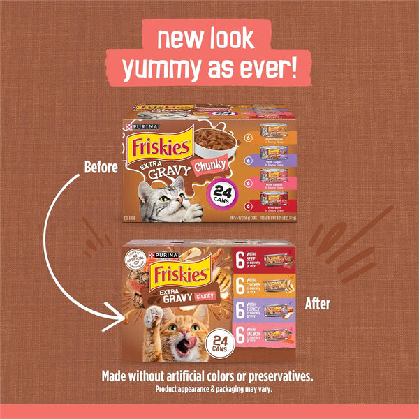 Purina Friskies Extra Gravy Wet Cat Food Chunky 24Ct Variety Pack (With Chicken, Turkey, Salmon, Beef) - (Pack of 24) 5.5 Oz. Cans2