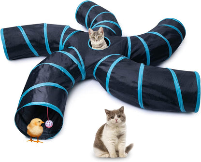 EGETOTA Cat Tunnel for Indoor Cats Large, with Play Ball S-Shape 5 Way Collapsible Interactive Peek Hole Pet Tube Toys, Puppy, Kitty, Kitten, Rabbit (Blue & Black)1