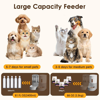 2 in 1 Automatic Gravity Cat Dog Feeder and Water Dispenser with 304 Stainless Steel Bowls, 360 Degree Rotatable Auto Food with 2 Specialized Brushes for Small Medium Pet Dog Puppy Kitten (Gray)3