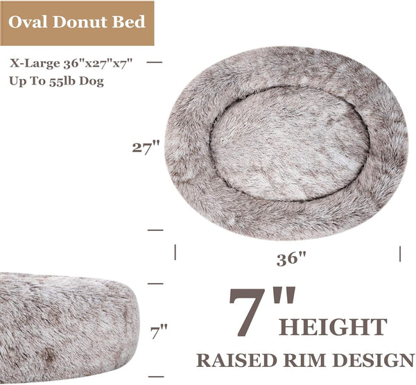 Coohom Oval Calming Donut Cuddler Dog Bed,Shag Faux Fur Cat Bed Washable round Pillow Pet Bed(30"/36"/43") for Medium Dogs (Xl(36"X27"X7"),Light Brown)3