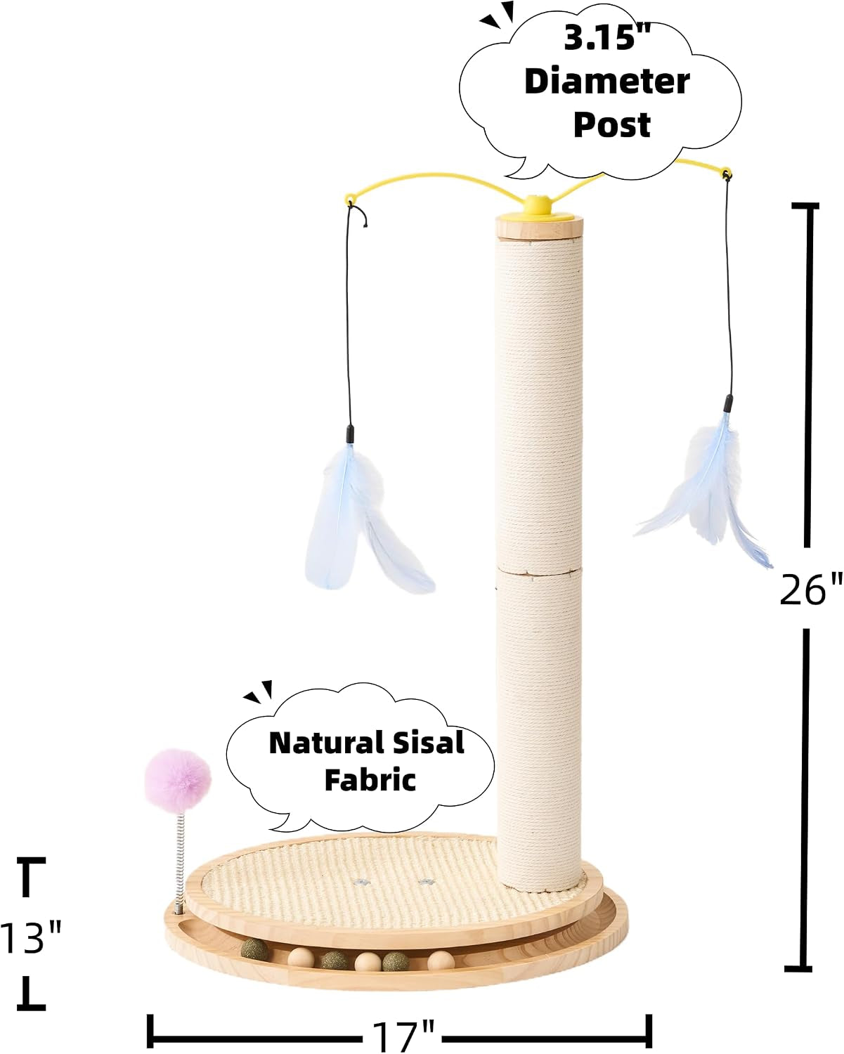shengocase-cat-tree-scratching-post-scratcher-26-inch-tall-solid-wood-base-sisal-rope-interactive-ball-track-and-spinning-wand-feather-toys-scratch-pad