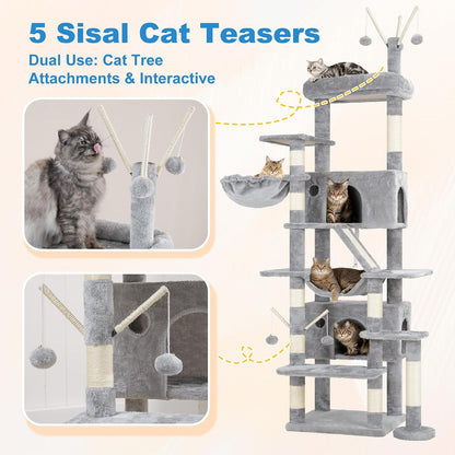 Hey-Brother Cat Tree Tower with Sturdy Supporting Posts, 2 Condos, MPJ082W- | 82.7 Inches Multi-Level Cat Tower with 5 Teaser Toys, Sisal Scratching Posts, Large Bed, Hammock for Indoor Cats, Light Gray4