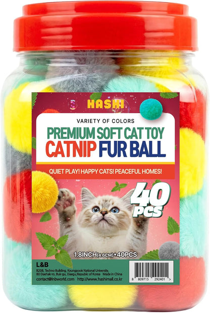 HA SHI 40 Count Catnip Fur Balls for Indoor Cats, 1.8 Inch Soft Plush Interactive Kitten Toy, Quiet Night Play, Colorful Fuzzy Poms1
