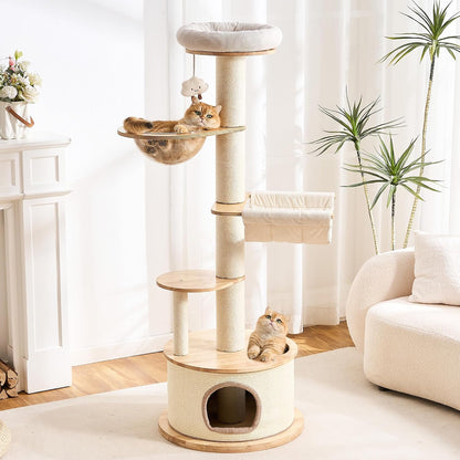 Modern Cat Tree Small Tower with Scratching Post for Indoor, 28 Inch Solid Wood Multifunctional Corner Cat Tree Tower with Bed, Dangling Ball,Interactive Rope, Scratching Board11