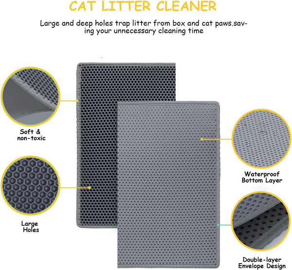 Cat Litter Mats (2-Pack) 24" X 15", Litter Box Mats with Double Layers, Urine-Proof and Non-Slip Litter Trapping Mats, Easy Clean Leakproof , Soft EVA Durable Anti-Scratch Kitty Litter Mat, Grey2