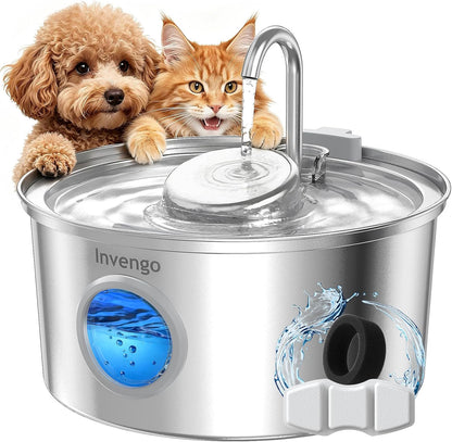 Invengo Cat Water Fountain Stainless Steel, 108Oz/3.2L Pet Fountain with Large Water Level Window, Ultra Quiet Automatic Cat Water Dispenser for Cats and Dogs, 2 Flow Modes, Splash-Proof Design1