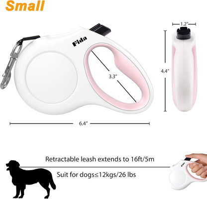Fida Retractable Dog Leash for Small Breed up to 26 Lbs, 16 Ft Pet Walking Leash with Dispenser and Poop Bags, Anti-Slip Handle, Reflective Strong Nylon Tape, One-Handed Brake (S, White & Pink)6