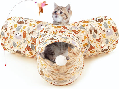 Tempcore Pet Cat Tunnel Tube Toys 3 Way Collapsible, Tunnels for Indoor Cats, Interactive Tube with Teaser Wand, Peek Holes & Hanging Ball, Black & Blue23