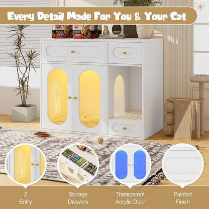 Hidden Cat Litter Box Enclosure Furniture with LED Light, Modern Litter Box Cabinet with Drawers & Acrylic Door, Multi-Entry Cat House Sideboard for Living Room, 37.4"W X 15.6"D X 31.5"H,White5