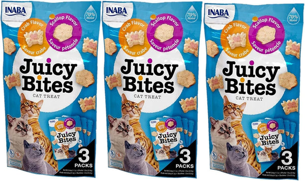 INABA Juicy Bites Grain-Free, Soft, Moist, Chewy Cat Treats with Vitamin E and Green Tea Extract, 0.4 Ounces per Pouch, 9 Pouches Total (3 per Bag), Scallop and Crab Flavor1