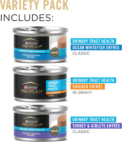 Purina Pro Plan Urinary Cat Food Wet Variety Pack Urinary Tract Health Ocean Whitefish, Chicken, Turkey and Giblets - (Pack of 24) 3 Oz. Cans2
