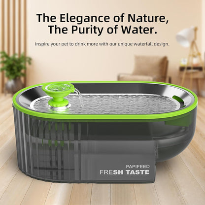 PAPIFEED Cat Water Fountain Stainless Steel with a Silicone Mat, 84Oz/2.5L Automatic Pet Water Fountain with LED Water Level Window, Quiet Low Power Cat Water Bowl & Cat Water Dispenser (Green)3