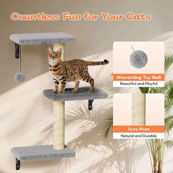 Cat Wall Shelves for Large Cats, Stable & Safe Kitty Walls Furniture Set for 40LBS Cats with Wooden Cat Climber,House, Bridge, Tree, Steps, and Scratcher for 16 Inch Drywall (Grey, 5-In-1)5