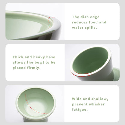 CEEFU 2-Pack Elevated Ceramic Cat Bowls Extra Wide for Food & Water | anti Vomiting, Whisker Friendly, Shallow Food Dish and Deep Water Bowl, Lead&Cadmium-Free, Raised Height for Cats, Sage Green3