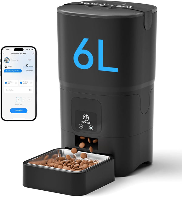 PAPIFEED Automatic Cat Feeder with App, 2.4G Wifi Cat Food Dispenser, 6L Timed Cat Feeder for Dry Food, 10 Meals/Day, 12 Portions/Meal, Dual Power Supply Smart Pet Feeder for Small Dog, Black1