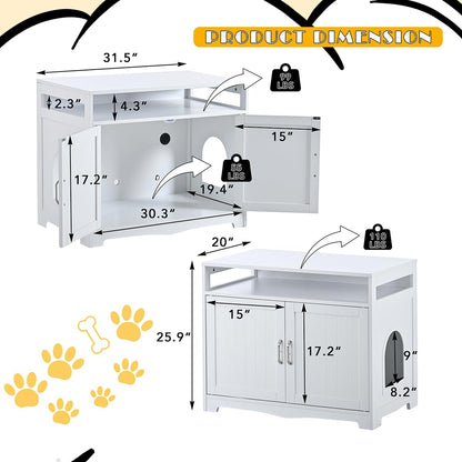 31.5" L White Cat Litter Box Enclosure with Hidden Plug & 2 Doors, Indoor Large Cat Washroom Storage Bench Side Table6