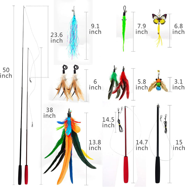 Miwoowim 2PCS Retractable Cat Teaser Wands & 9PCS Feather Refills Toy Set | Dual-Size Telescopic Rods (50" & 38"), Da Bird Feather Attachments with Bells Replacement,Interactive Fishing Pole Toys3