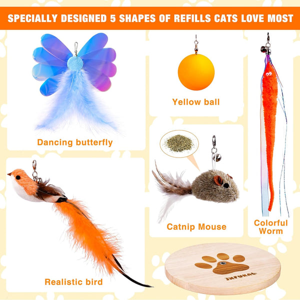 JXFUKAL Interactive Cat Toy, Automatic Cat Wand Toy with Stable Wooden Base, 2 PCS Detachable Cat Teaser, 5PCS Refills Replacement & Hanging Elastic String, Kitty Kitten Toys Feather Spring Bird Toy7