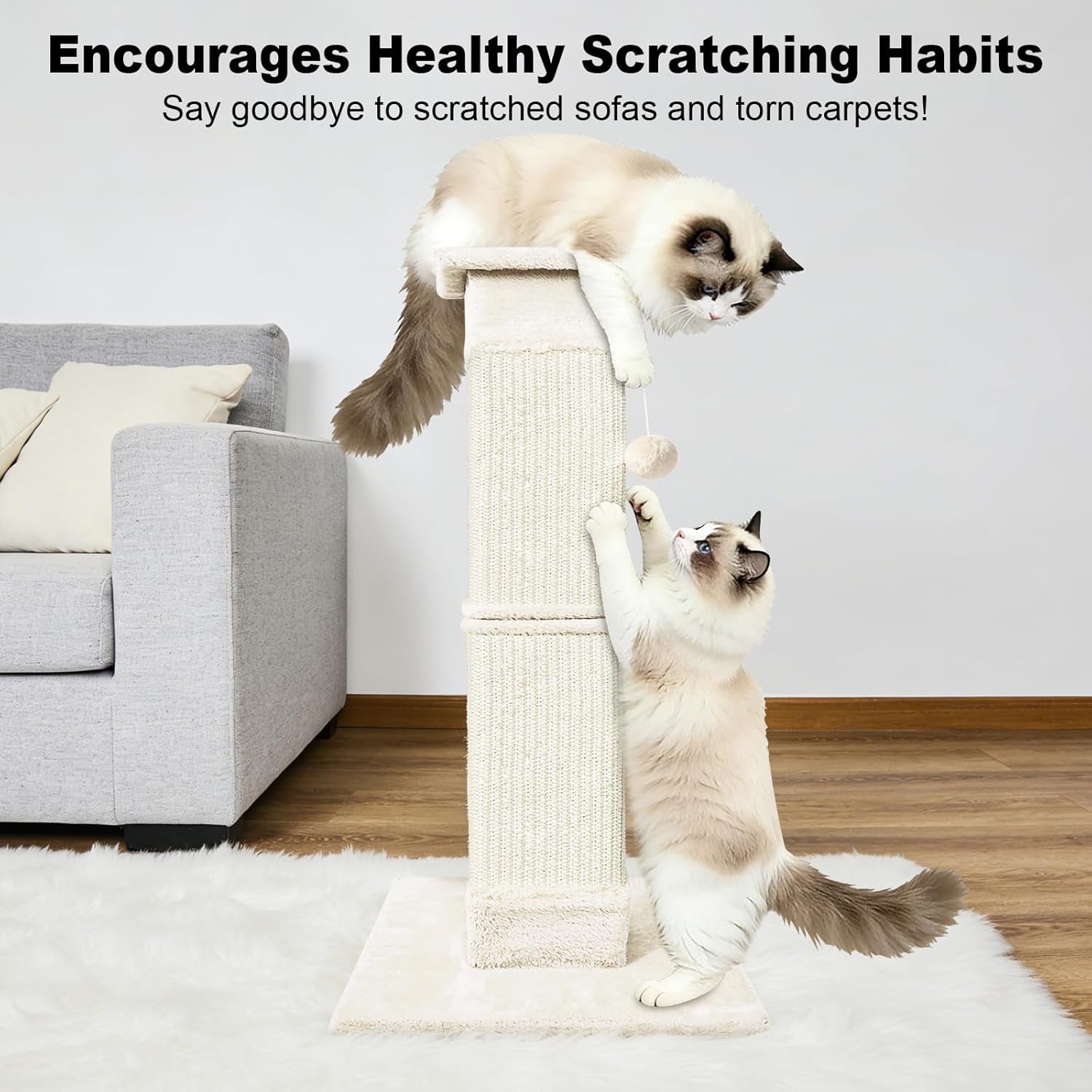 cat-scratching-post-33-inch-for-indoor-cats-sisal-cat-scratcher-vertical-posts-with-dangling-ball-high-cat-scratch-post-cat-tree-for-full-body-stretching-protect-your-furniture-beige-white