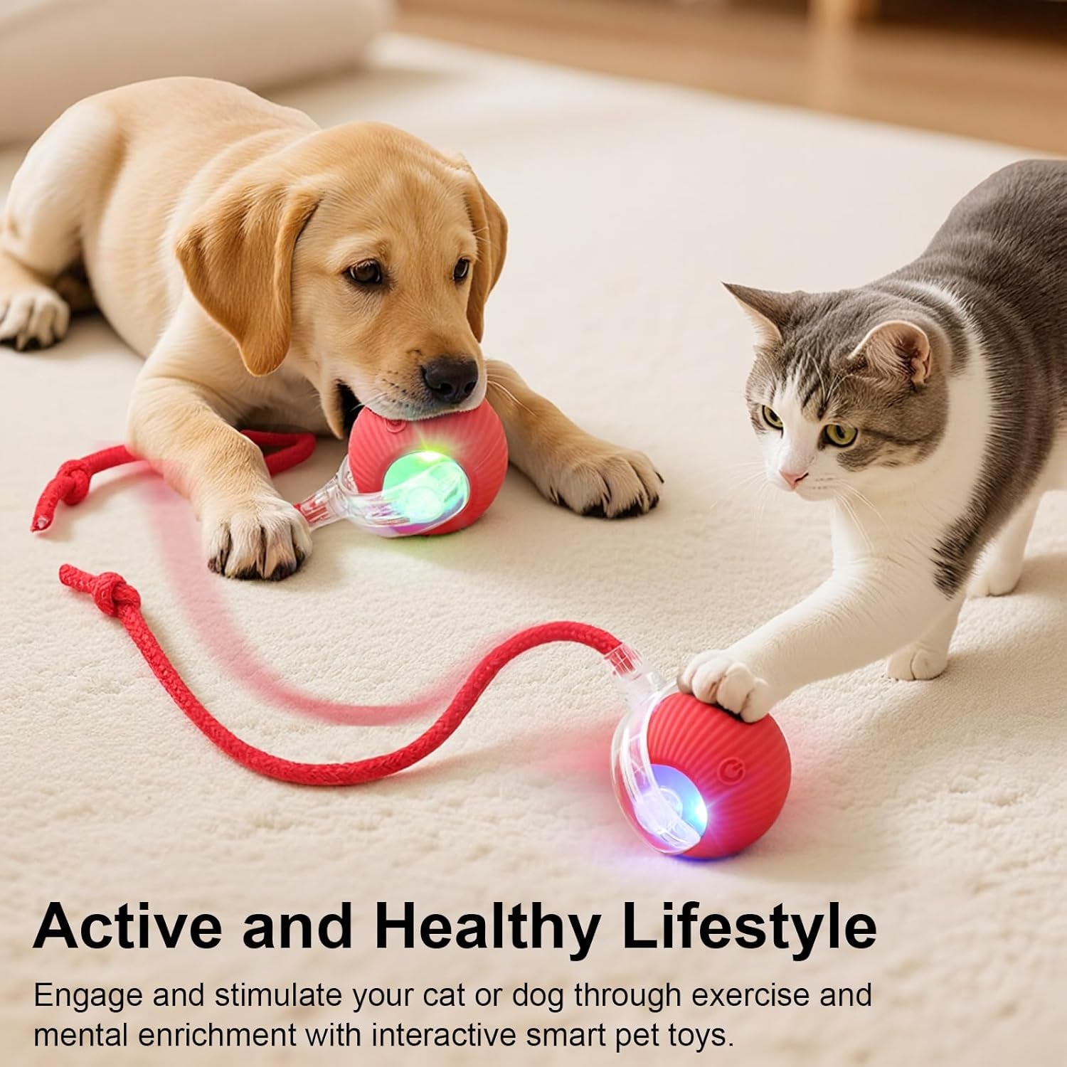 smart-interactive-automatic-electric-rolling-moving-rechargeable-motion-activated-self-play-electronic-stimulation-chase-teaser-ball-toy-with-rope-for-indoor-bored-adult-cat-and-dog-red