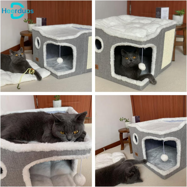 Cat Bed for Indoor Cats,Covered Cat Cave House & Furniture with Scratch Pad,Foldable Cat Hideaway Hut Cute Cat Condo with Soft Washable Mat for Multi Small Pet under 30 Lbs,Light Grey6