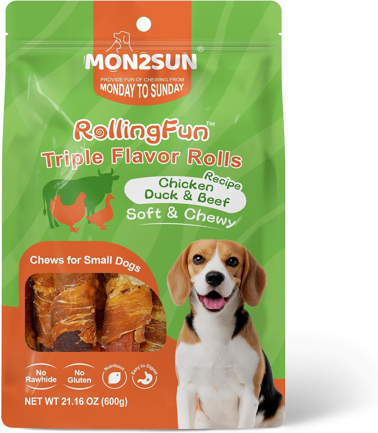 mon2sun-dog-treats-3-inch-rawhide-free-chicken-duck-beef-rolls-21-16-oz-easy-to-digest-texture-suitable-for-small-dogs-daily-reward-use-made-with-real-meat