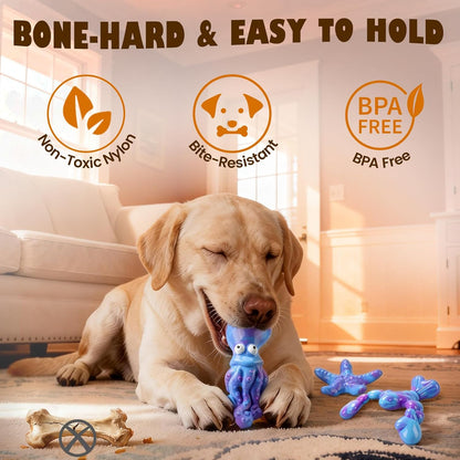 Oceanbone 3 Pack Rock-Hard Nylon Dog Chew Toys for Aggressive Chewers, Indestructible Dog Toys, Bacon Flavor Chew Bones for Large Dogs 20-90 Lbs, Heavy Duty, Long-Lasting, Keeps Dogs Busy (XL Ocean)3