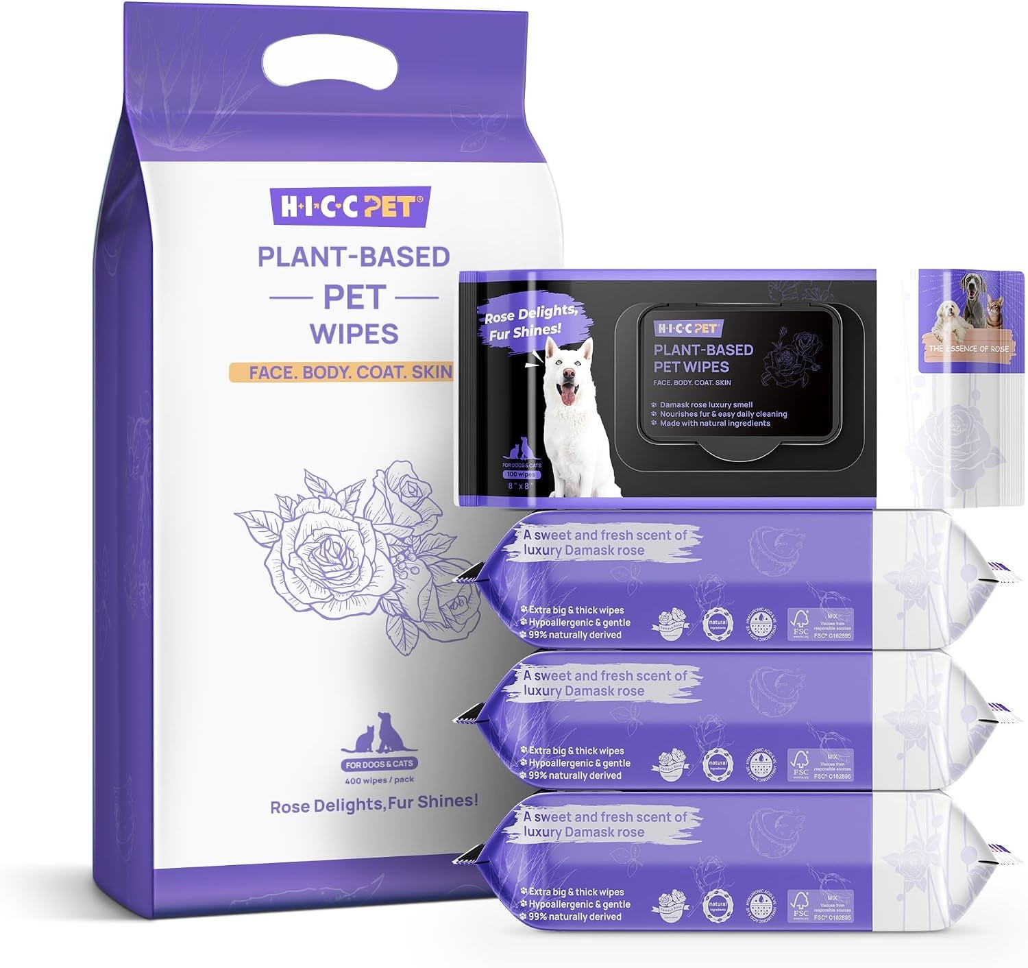 hicc-pet-pet-cleaning-wipes-for-dogs-cats-paws-coat-100-count-pearl-textured-with-fermented-coconut-oil-and-damask-rose-for-face-and-rear-end-cleaning-after-walks-or-between-baths