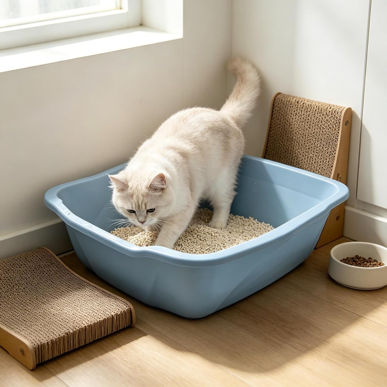 large-open-top-cat-litter-pan-low-entry-sides-stain-odor-resistant-high-impact-plastic-litter-box-for-kittens-senior-arthritic-cats-multi-cat-household-usa-made-blue-eco-recycled-pet-toilet-tray