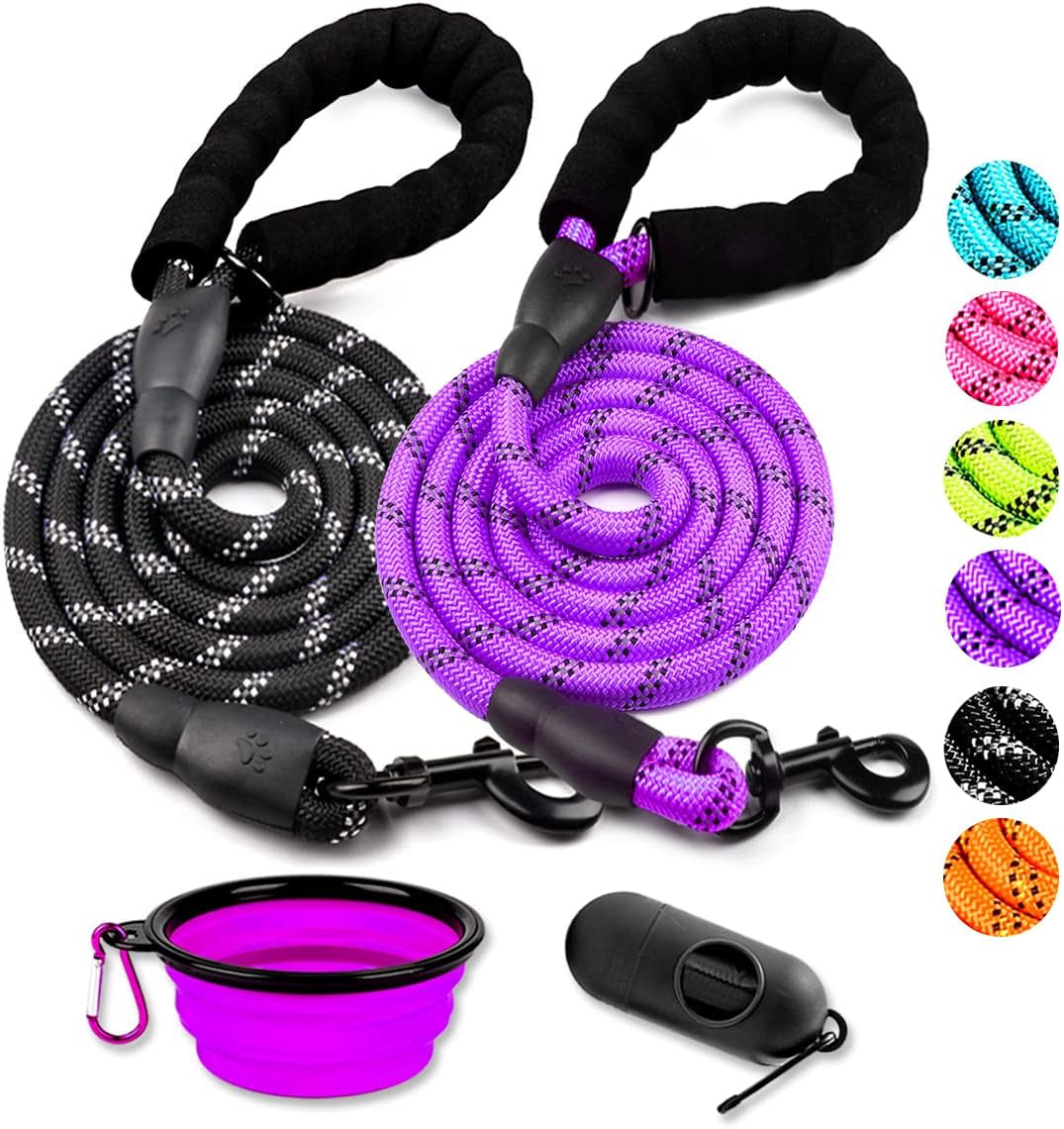 cooyoo-2-pack-dog-leash-5-ft-heavy-duty-comfortable-padded-handle-reflective-dog-leash-for-medium-large-dogs-with-collapsible-pet-bowl