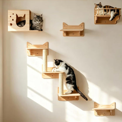 Cat Wall Shelves, 9-Piece Cat Wall Furniture for Large Cats | Solid Pine Wall Mounted Cat Furniture with Cat House, Cat Climbing Shelves, Ladder and Sisal Scratching Posts for Indoor Cats1