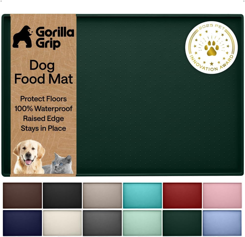 gorilla-grip-100-waterproof-raised-edge-bpa-free-silicone-pet-feeding-mat-dog-cat-food-mats-contain-spills-protects-floors-placemats-for-cats-and-dogs-water-bowl-18-5x11-5-gray