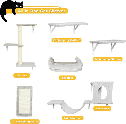 NUNU LAB Wall Mounted Cat Furniture Set - 6 Pcs Climber Set with House, Bridge, Steps, Scratcher Board - DIY Walls Playground, Indoor Cat Shelves - Gray4