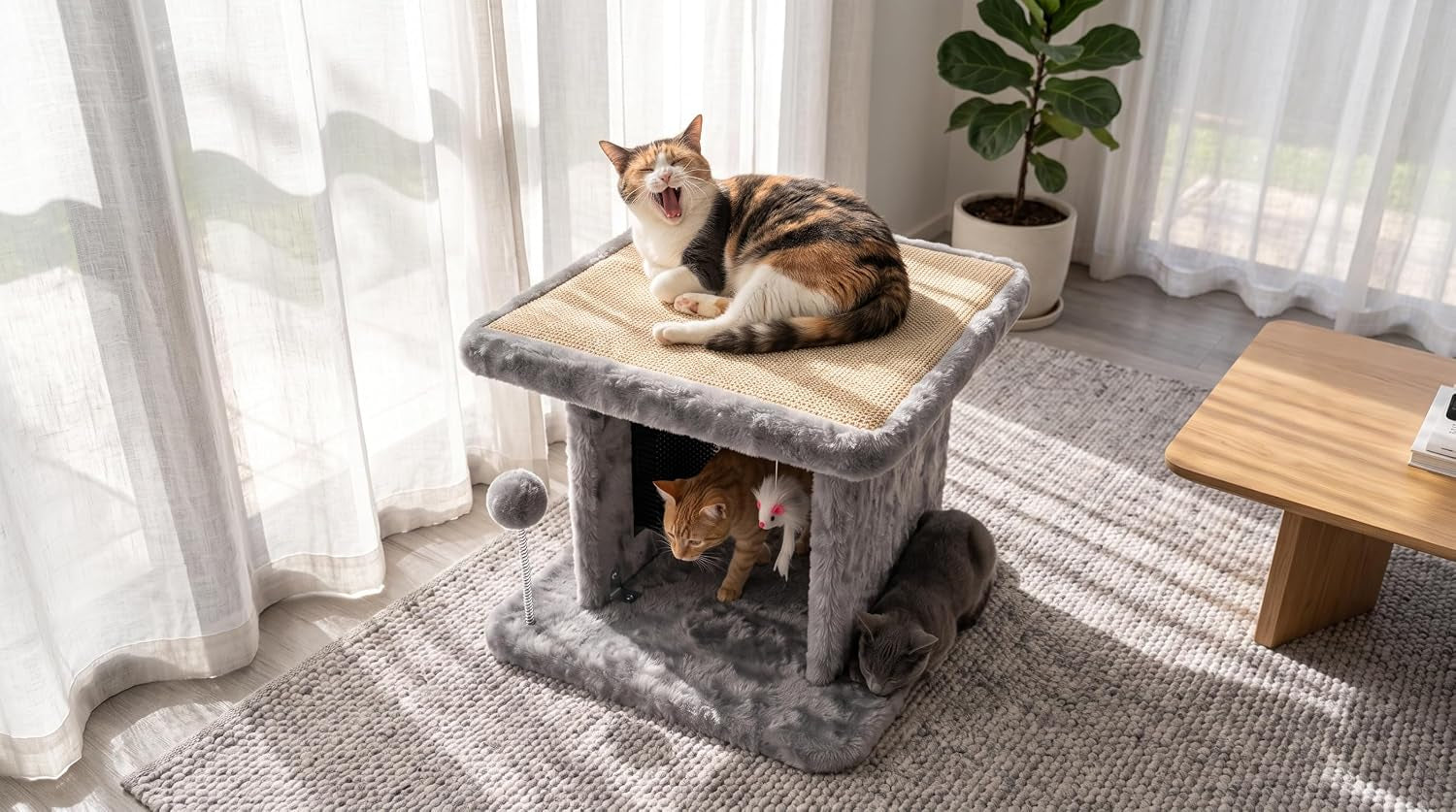 large-cat-bed-with-scratching-post-and-combing-board-sturdy-and-durable-ideal-for-small-breeds-large-plush-cat-tunnel-with-a-removable-sisal-scratch-pad-grooming-brush-hanging-toys-and-spacious-hideaway-for-cats