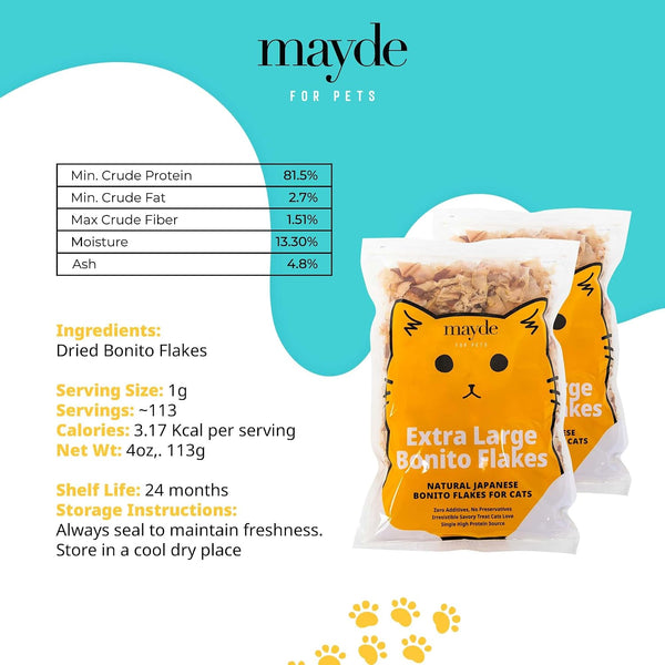 Mayde Bonito Flakes for Cats & Dogs - 100% Natural High-Protein Fish Treats for Cats & Dogs - Extra Large Dried Bonito Flakes - 4 Oz Bag6