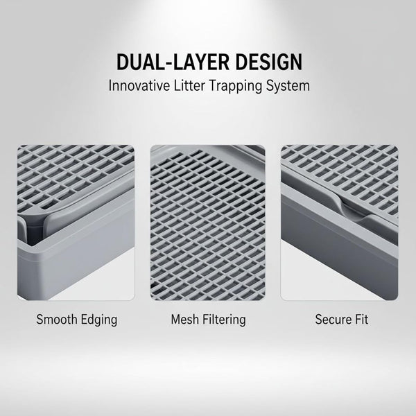 Odor Control Cat Litter Mat, Double Layer Trapper Pad, 16.5 X 11.2 X 0.8 In, Light Grey, Anti-Slip Plastic,3