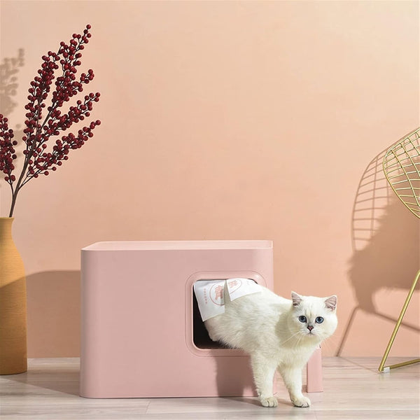 Dog Potty Training Toilet ﻿ Cat Litter Tray Fully Enclosed Japanese Style Box Toilet Kitten anti Splash and Deodorant Corridor Pet with Curtain Pink and White(A)3