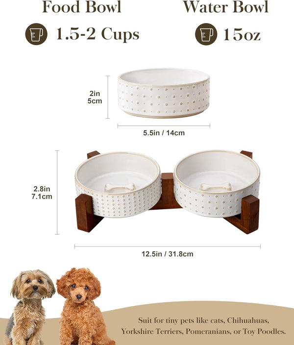 MALACASA Dog Bowl Set, Ceramic Bowls with Walnut Wood Stand, 1.5 Cups | Rhombic and Polka Dot Design, Non-Slip Base, for Cats and Dogs, about 26% Heavier than Similar Ceramic Bowls2
