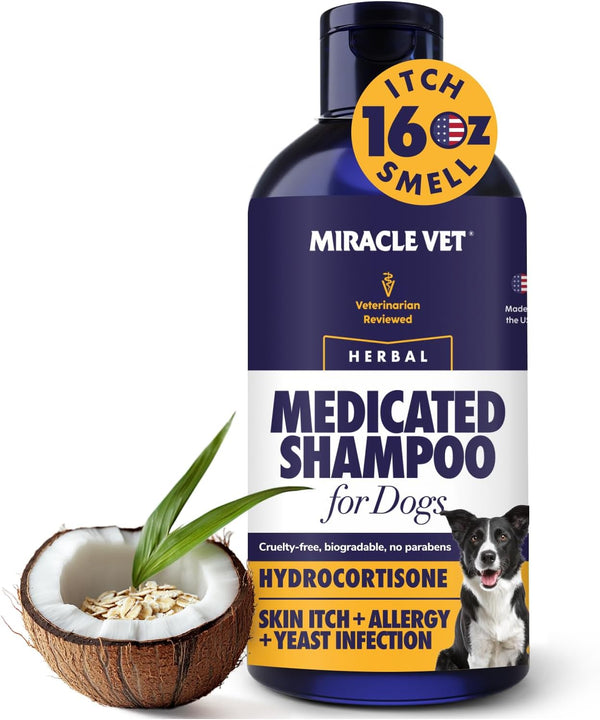 Miracle Vet Medicated Dog Shampoo for Itchy Skin Relief - Antifungal for Dog Allergy Relief, Yeast Infection, Hot Spot & Dry Skin Anti-Itch Treatment Wash - Hydrocortisone (16 Oz)1