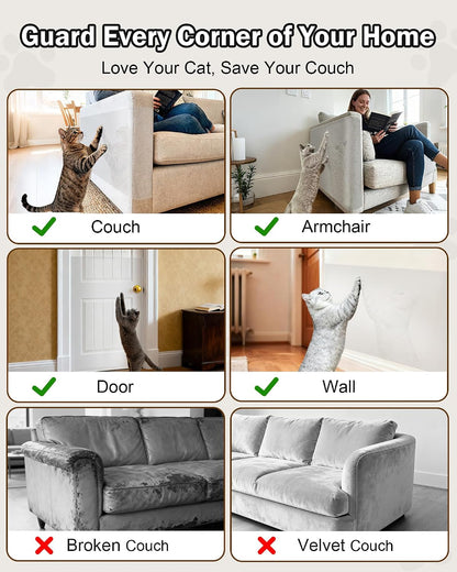 Cat Scratch Furniture Protector Couch - 1 Roll Clear PET 7.9 X 196.8 Inch | Protects Couch from Cat Claws, Strong Adhesion, Grid Backing, 1 Scraper, 30 Twist Pins, for Sofa, Armchair, Door, Wall, Bed3