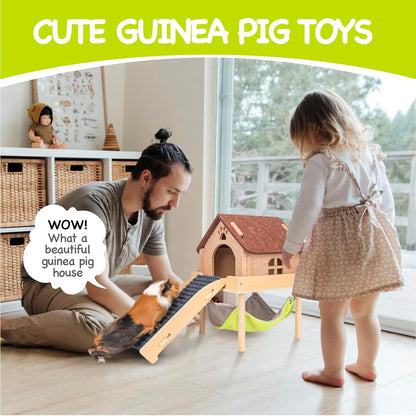 BESNEW 3 in 1 Enlarged Guinea Pig Hammock,Wooden Guinea Pig Hideout with House & Platform & Stairs Small Animal Toys for Hiding Sleeping Activities8