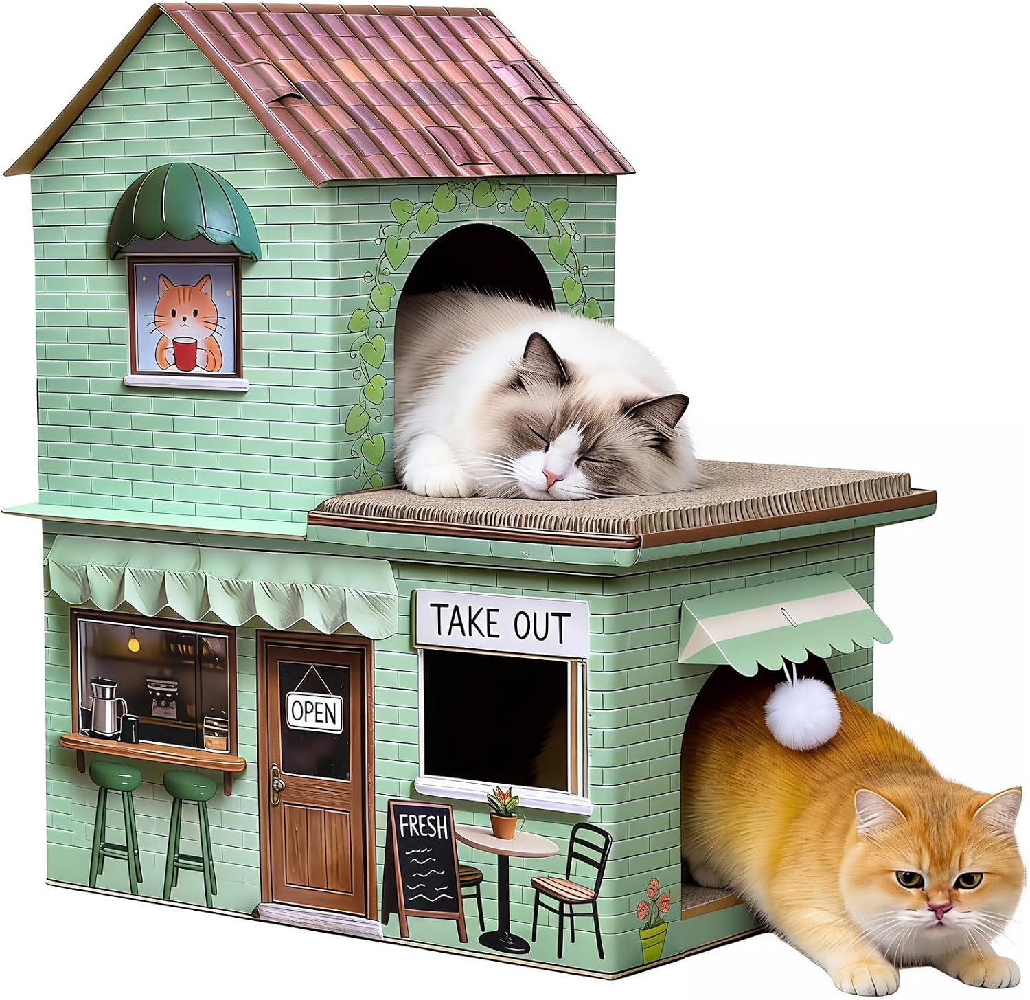 cardboard-cat-scratcher-house-double-layer-coffee-shop-design-sage-green-5-layer-corrugated-window-cutouts-4-scratching-boards-plush-ball-catnip-indoor-multi-cat-house-for-cats-up-to-20-lbs