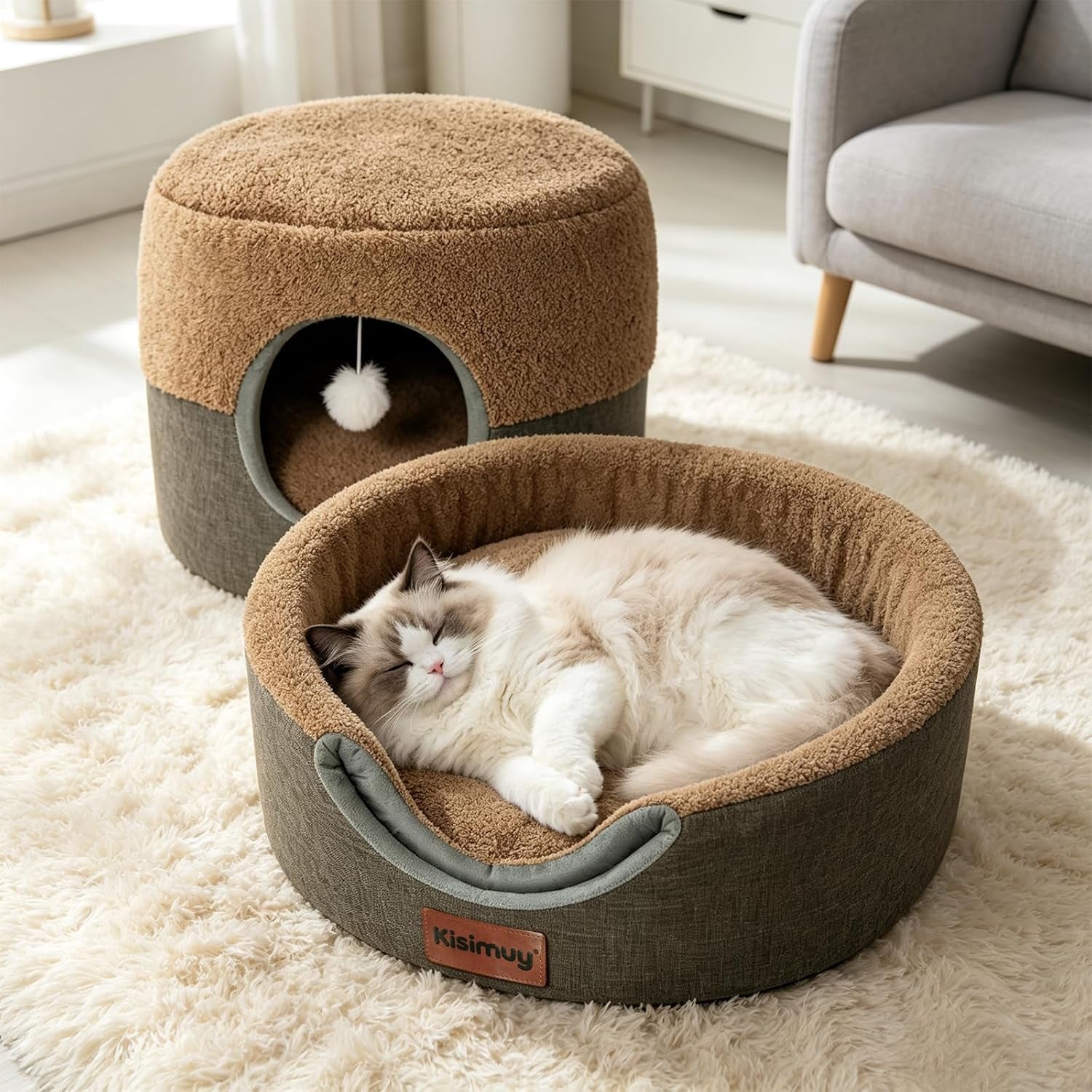 2-in-1-foldable-cat-bed-for-indoor-cats-cat-cave-sofa-bed-15-7d-x-13h-reversible-plush-linen-cushion-enclosed-cat-bed-hanging-cat-toys-non-slip-small-cat-house-grey