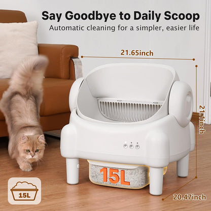 PARUUNTYS Self Cleaning Litter Box,Open Top Automatic Litter Box with App Control for Multiple Cats, Safety Sensors Protection, Odor Control Includes 2 Roll Liners,Large Waste Bin, Cream White6