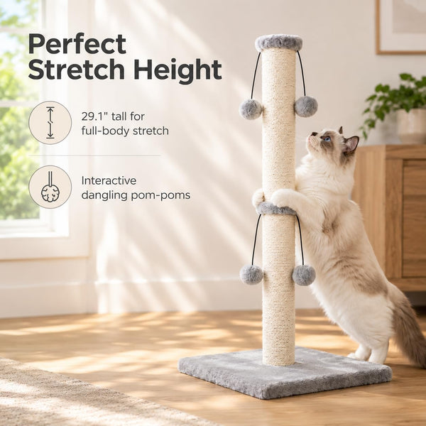 Dimaka 29'' Cat Scratching Post, Natural Sisal Rope Scratcher Post, Kitten Claw Scratch with 4 Danglingtoy Balls for Large Cats (Grey)6