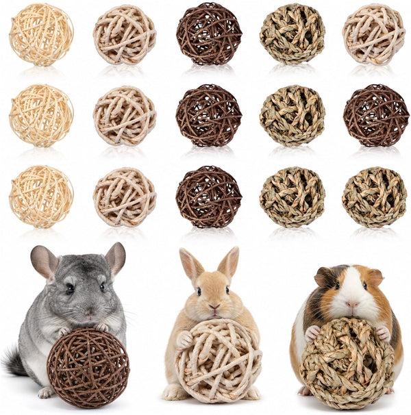 Skylety 15 Pieces Bunny Chew Balls for Rabbits, Small Animal Rolling Grass Toys and Treats for Guinea Pigs, Chinchillas, Hamsters, Mice, Teeth Grinding, Gnawing and Play(Classic Style,1.97")7