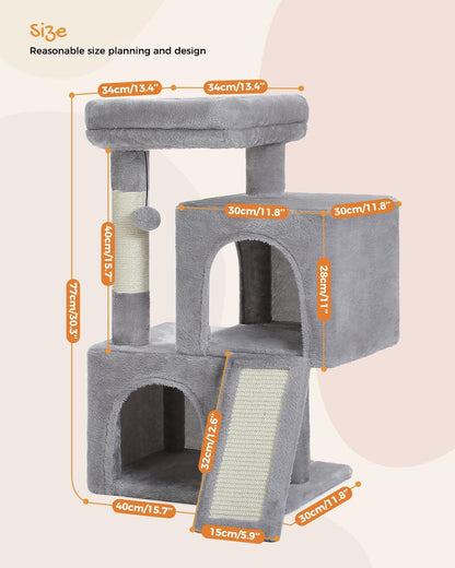 PAWZ Road 30" Cat Tower, Small Cat Tree with 2 Condos for Indoor Cats | Cat Trees for Small Cats,Cat Houses with Scratching Ramp and Posts,Dual Condos&Top Perch for Multi-Cat2
