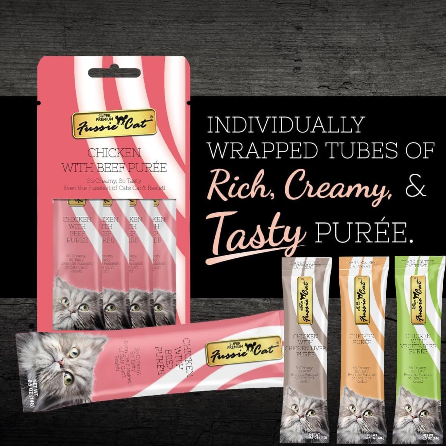 fussie-cat-premium-puree-lickable-cat-treats-in-chicken-puree-4-flavors-4-packs-of-4-0-5oz-tubes-16-total-tubes-spoon