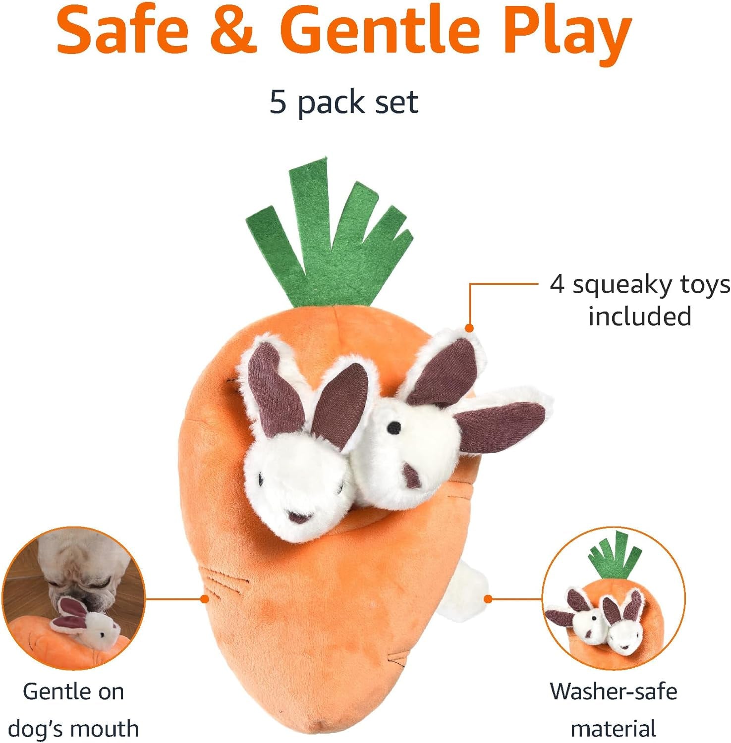 amazon-basics-interactive-hide-and-seek-squeaky-dog-plush-toy-with-squeaker-for-small-dogs-rabbit-and-carrot-orange-and-white-5-pack